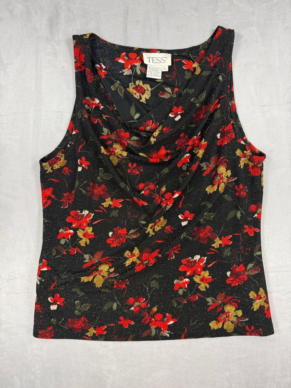 Tess Women's Sleeveless Lined Sheer Blouse Sz L Black Floral Gold Sparkle
